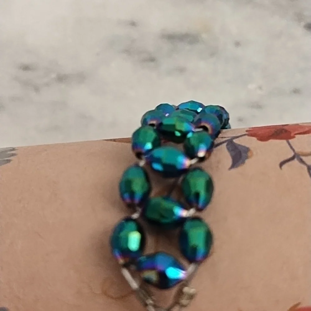 Vintage Brass Wire Woven Iridescent Green Faceted Beads Toggle Clasp